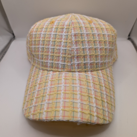 Vintage Pastel Plaid Woven Cap - Yellow Checkered Baseball Hat - Picture 1 of 2